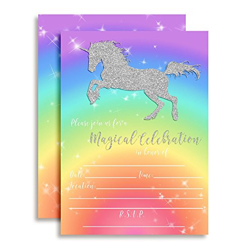 Rainbow Glitter Unicorn Birthday Party Invitations for Girls, 20 5"x7" Fill in Cards with Twenty White Envelopes by AmandaCreation