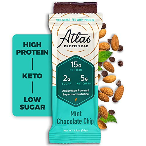 Atlas Bar   Keto Protein Bars  Mint Chocolate Chip   High Protein  Low Sugar  Low Carb  Grass Fed Whey  Healthy Protein  Gluten Free  Soy Free  10 Pack