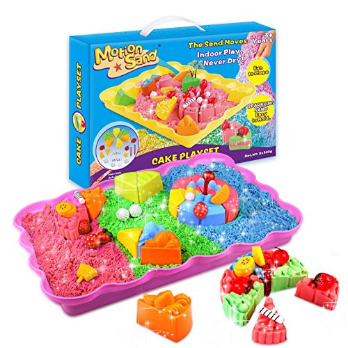 Motion Sand, 2LBS Shimmering Play Sand for Kids (Include 3 Colors), Cake Playset Molds Kit, Magic Play Sand with 20 Pcs Sand Molds and 1 Sand Tray