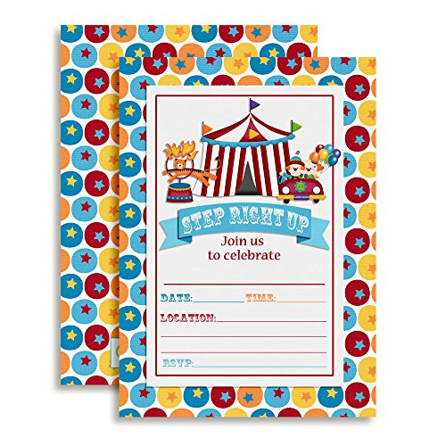 Carnival Circus Invitations, Birthday or Baby Shower, Twenty 5"x7" Fill in Cards with 20 White Envelopes by AmandaCreation