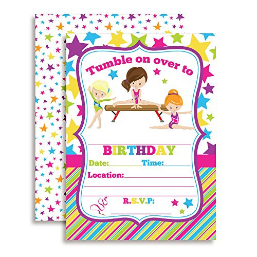 Gymnastics Birthday Party Invitations for Girls, 20 5"x7" Fill In Cards with Twenty White Envelopes by AmandaCreation