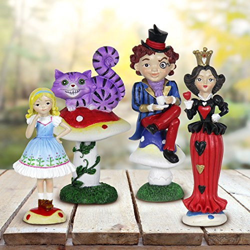 Exhart Alice in Wonderland Mini Figurine Set - Wonderland Mini Statue Garden Set Featuring Alice, Cheshire Cat, Mad Hatter, Queen of Hearts - Decorative Resin Statues for a Fairy Garden
