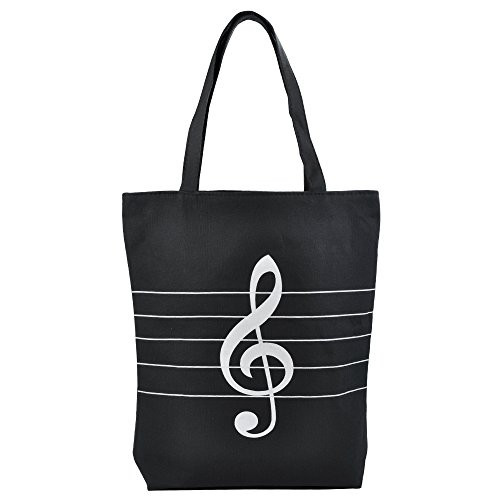 KingPoint Music High Note Treble Clef Pattern Cotton Handbag Shopper Grocery Bags Kids Students Reusable Tote Carrying Books Snacks Food Lunch Dinner Box(Black)