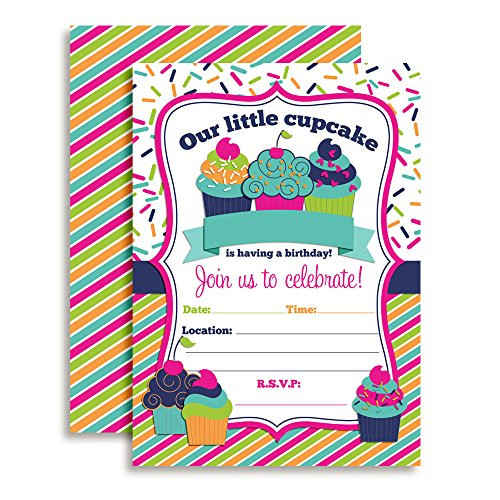 Cupcake Birthday Party Invitations for Girls, 20 5"x7" Fill in Cards with Twenty White Envelopes by AmandaCreation