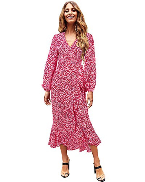 LANISEN Summer Beach Dresses for Women Long Sleeve V Neck Wrap Maxi Dress Boho Floral Printed Ruffle High Low Cocktail Party Dress Red XL LANISEN Summer Beach Dresses for Women Long Sleeve V Neck Wrap Maxi Dress Boho Floral Printed Ruffle High Low Cocktail Party Dress Red XL