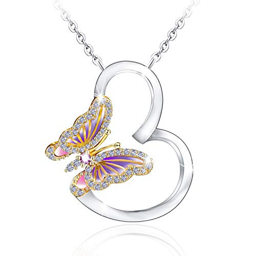 Distance Heart Necklaces for Women Sterling Silver 925 Purple Enamel Butterfly Pendant Necklaces Valentine Jewelry for Girlfriend Girls Distance Heart Necklaces for Women Sterling Silver 925 Purple Enamel Butterfly Pendant Necklaces Valentine Jewelry for Girlfriend Girls