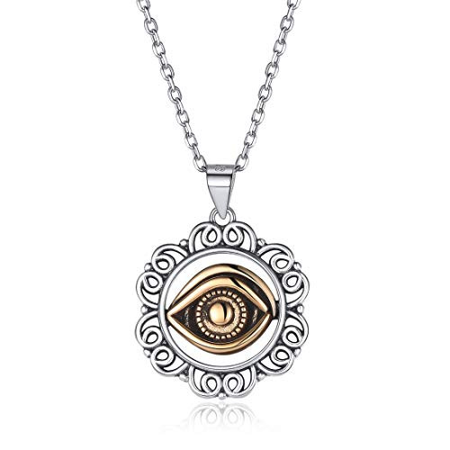 Evil Eye Round Pendant Necklace 925 Sterling Silver   Brass Oxidized Vintage Necklace Protection Jewelry for Women Men  Chain 18