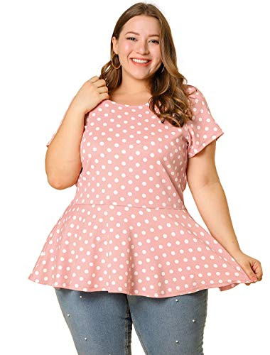 Agnes Orinda Women s Plus Size Polka Dots Short Sleeve Summer Peplum Top Pink 2X