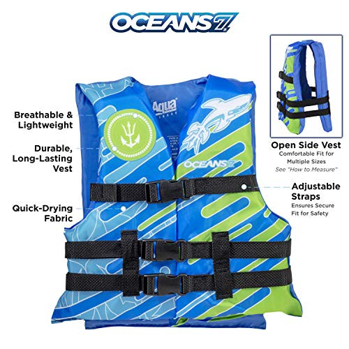 Oceans7 US Coast Guard Approved, Youth Life Jacket, Flex-Form Chest Size 26" - 29", Type III Vest, PFD, Personal Flotation Device, Blue/White, 50-90 lbs.