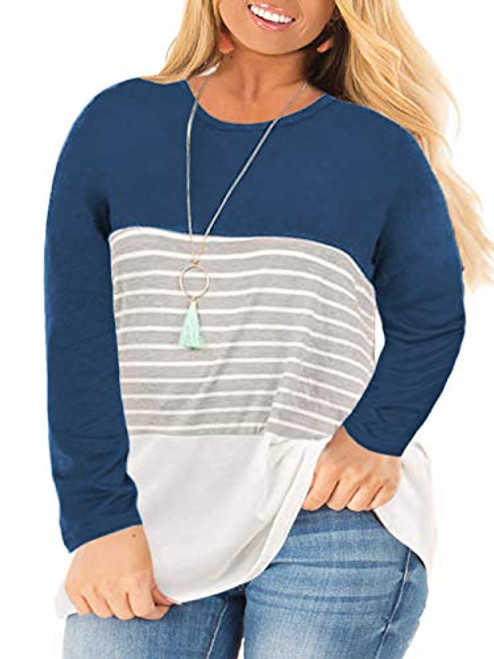 Plus Size Tunics for Women Color Block Long Sleeve T Shirt Casual Tee Tops Turquoise 22W
