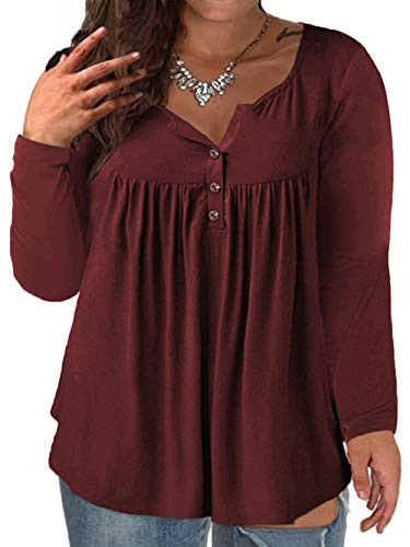VISLILY Women s Plus Size Henley V Neck Tunic Tops Casual Ruffle Blouse Shirts Wine Red 20W