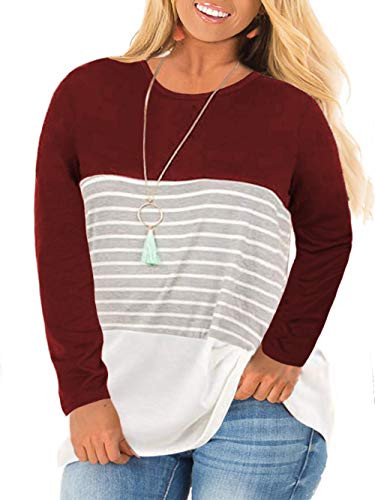 VISLILY Women s Plus Size Tunic Tops Long Sleeve Loose Striped Tee Shirts Wine Red 20W