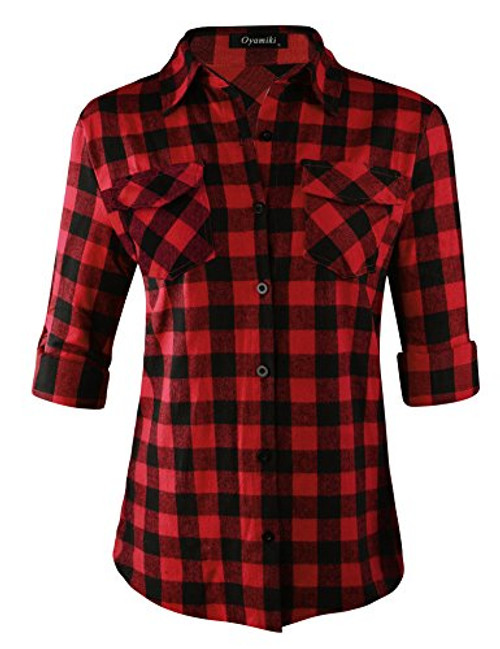 Oyamiki Womens Cuffed Sleeve Tailored Long Sleeve Button Down Shirt Boyfriend Plaid Flannel Top Red XL