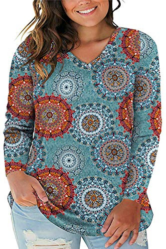 Plus Size Floral Long Sleeve T Shirts for Womens Loose Casual Tunics Tops 22W