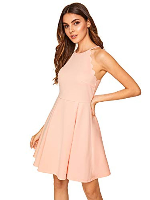 Romwe Women s Sweet Scallop Sleeveless Flared Swing Pleated A line Skater Dress Light Pink M