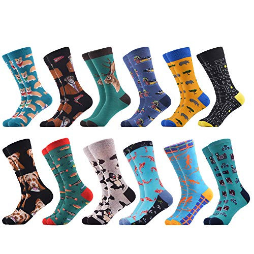 WeciBor Men s Funny Patterned Casual Dress Cool Combed Cotton Crew Socks 12 Packs