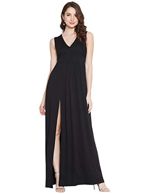 Berrylush Black Maxi Dress with Side Slit for Women