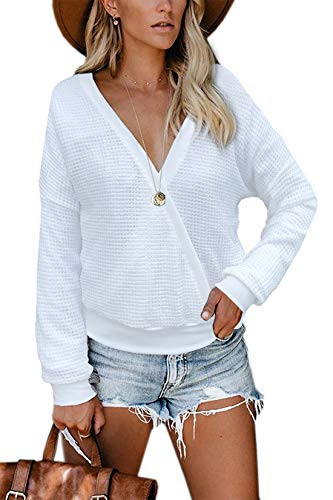 Albe Rita Womens Deep V Neck Wrap Sweaters Long Sleeve Waffle Knit Tops Shirts Pullover  White S