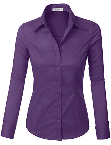 LE3NO Womens Tailored Long Sleeve Button Down Shirt with Stretch Purple