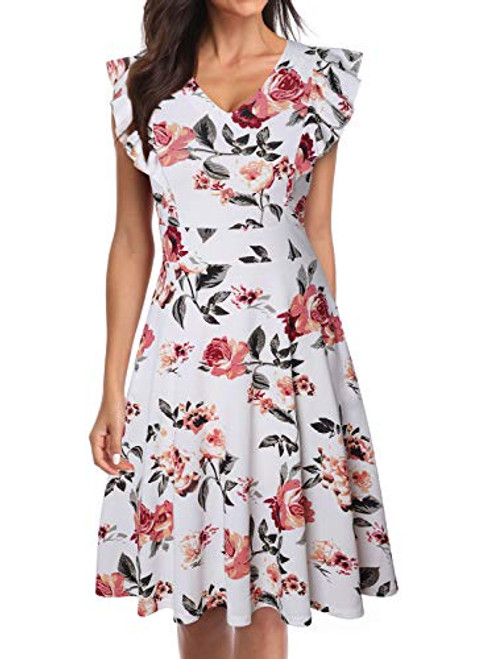 OWIN Women s Vintage Ruffle Floral Flared V Neck Swing Casual Cocktail Party Dresses with Pockets White Orange OWIN Women s Vintage Ruffle Floral Flared V Neck Swing Casual Cocktail Party Dresses with Pockets White Orange