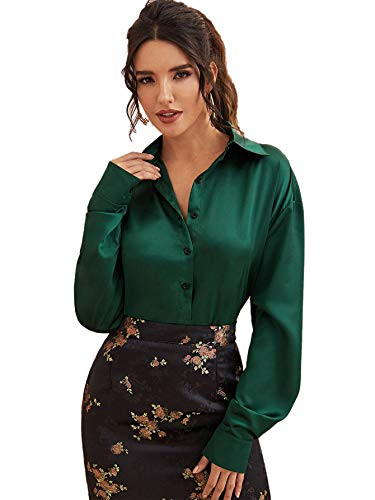 Verdusa Women s Elegant Button Down Long Sleeve Satin Blouse Shirt Top Dark Green L