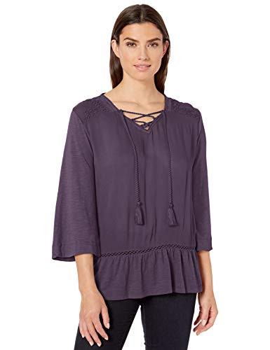 Gloria Vanderbilt Women s Petite Cindy Lace Up Knit to Woven Top  Mauve Berry  PLarge