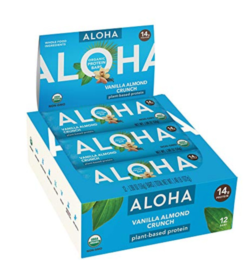 ALOHA Organic Plant Based Protein Bars  Vanilla Almond Crunch   12 Count  1 9oz Bars   Vegan  Low Sugar  Gluten Free  Paleo  Low Carb  Non GMO  Stevia Free  Soy Free  Sugar Alcohol Free