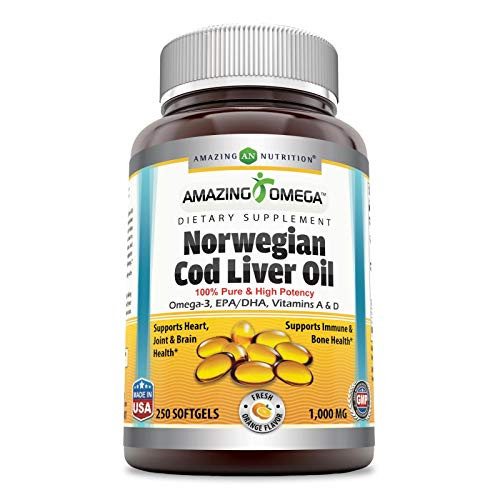 Amazing Omega Norwegian Cod Liver Oil 1000 Mg  Softgels  Orange  250 Softgels   Non Gmo Gluten Free