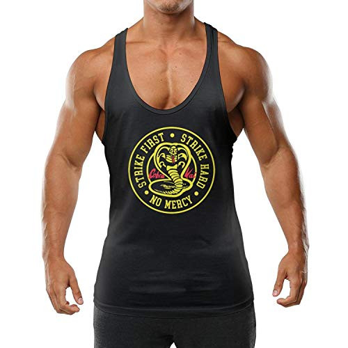 Men s Black Comfortable Fitness Sleeveless Cobra Kai Snake Logo Strike Hard First No Mercy Undershirts