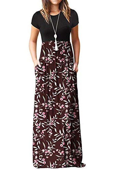 Euovmy Women s Short Sleeve Loose Floral Maxi Dresses Casual Long Dresses with Pockets Wine Red Large