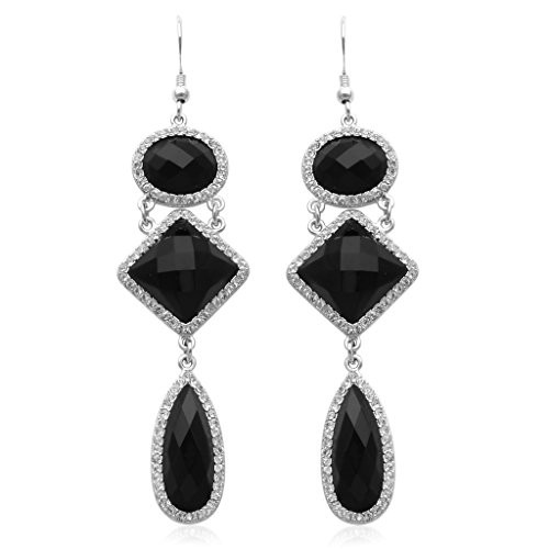 Jewelili Brass Black Onyx And Clear Crystal Long Dangle Earrings