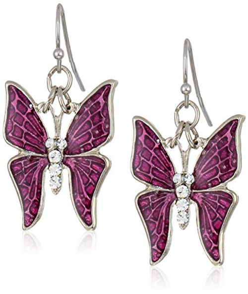 1928 Jewelry Women s Silver Tone Purple Enamel and Crystal Accent Butterfly Drop Earrings  Purple  One Size