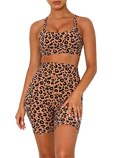 Happy Sailed Women 2 Piece Set Workout Athletic Shorts Leggings and Sports Bra Set Leopard Print Gym Clothes Yoga Outfits Small Leopard