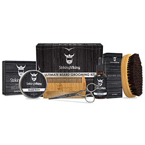 Beard Grooming Kit for Men Natural Beard Care Products Beard Oil Beard Balm Butter Boar Hair Brush Sandalwood Comb Trimming Scissors in Gift Box Striking Viking Beard Grooming Kit for Men Natural Beard Care Products Beard Oil Beard Balm Butter Boar Hair Brush Sandalwood Comb Trimming Scissors in Gift Box Striking Viking