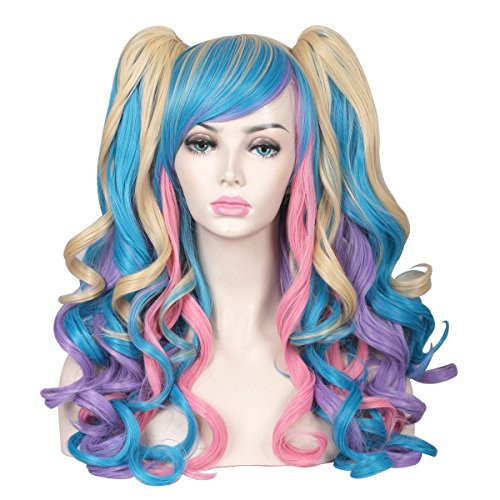 ColorGround Long Curly Cosplay Wig with 2 Ponytails Pink Blue Blonde