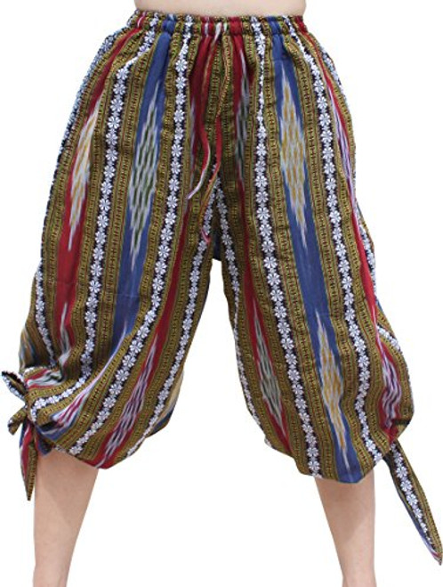 RaanPahMuang Side Tied Leg Woven Floral Cotton Buccaneer Pirate Swashbuckling Pants Small Green Multi Colour RaanPahMuang Side Tied Leg Woven Floral Cotton Buccaneer Pirate Swashbuckling Pants Small Green Multi Colour