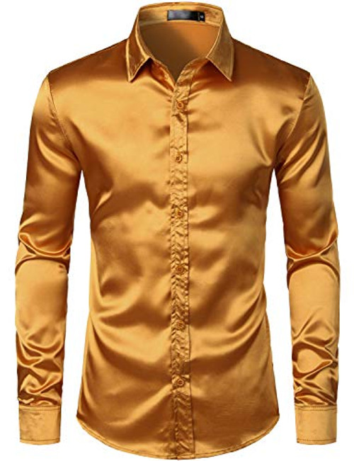 ZEROYAA Men s Luxury Shiny Silk Like Satin Button Up Dress Shirts ZLCL14 Gold Medium