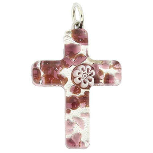 GlassOfVenice Murano Glass Venetian Reflections Cross Pendant   Purple Silver