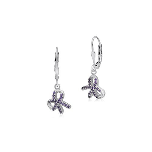 UNICORNJ Sterling Silver 925 Bow Charm Dangle Leverback Earrings with Pave CZ Purple Italy