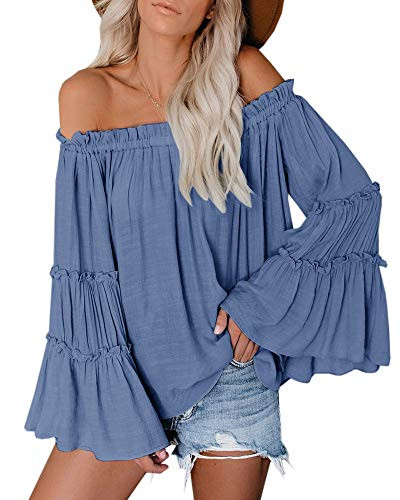 Womens Off The Shoulder Long Bell Sleeve Tops Flared Casual Loose Blouse