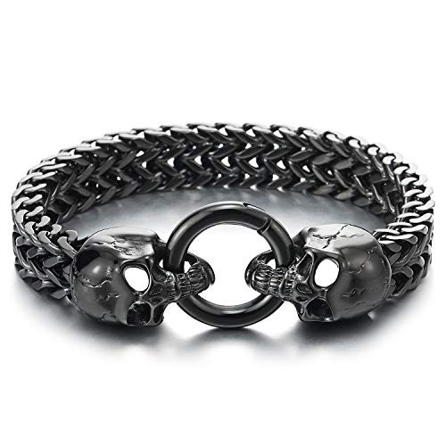 COOLSTEELANDBEYOND Gothic Mens Black Steel Skull Franco Link Curb Chain Bracelet with Spring Ring Clasp 8 5 Inches COOLSTEELANDBEYOND Gothic Mens Black Steel Skull Franco Link Curb Chain Bracelet with Spring Ring Clasp 8 5 Inches