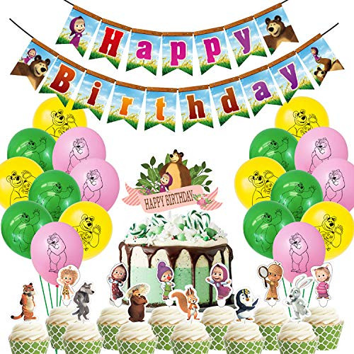 Nelton Birthday Party Supplies includes Banner   Cake Topper   24 Cupcake Toppers   18 Balloons For Masha and the Bear