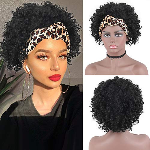 AISAIDE Afro Kinky Curly Wig for Black Women Afro Wig Brown Headband Wig Short Afro Kinky Curly Headwrap Wig Wrap Wig 2 in 1 Black Synthetic Turban Wig with Leopard Print Headband Attached  1B