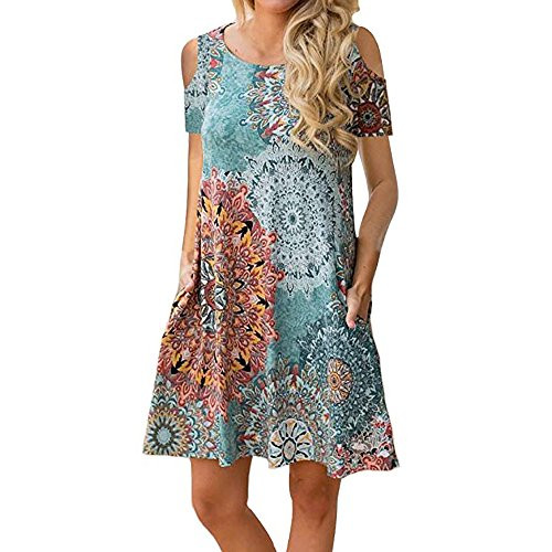 Shift Dresses for Women Tanst Sky Loose Fitting Dress Adorable Open Shoulder Long Tunics Elastic Scoop Neck Short Sleeve Summer Clothing Flared Hem Bohemian Clothes Stylish Travel Outfit Flower XXL