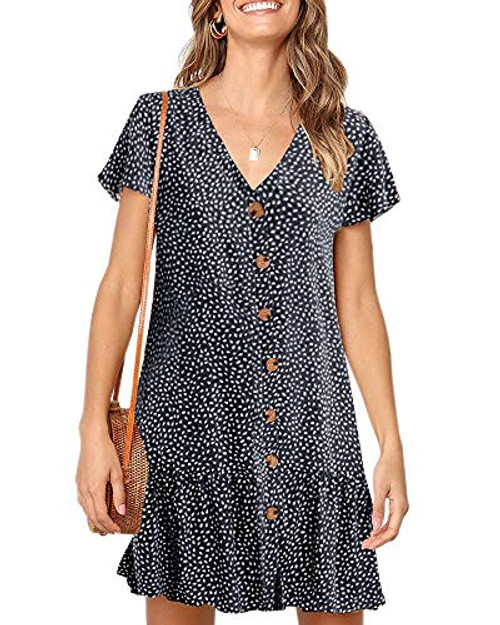Chuanqi Womens Polka Dot V Neck Button Down Ruffles Casual Loose Swing Short Mini T Shirt Dress Small  Z Navy Chuanqi Womens Polka Dot V Neck Button Down Ruffles Casual Loose Swing Short Mini T Shirt Dress Small  Z Navy