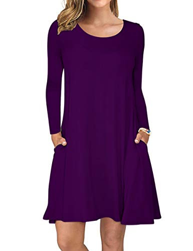 AUSELILY Women s Long Sleeve Pockets Casual Swing T Shirt Dresses  XL  Purple