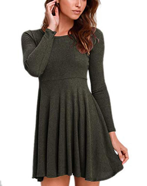 Fanfly Women s Long Sleeve Knit Tunic Dress Casual Swing Sweater T Shirt Dress for Party  Light Army Green  Large