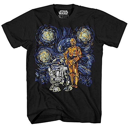 Starry Night Darth Vader Chewbacca Han Solo Luke Yoda R2 D2 C 3PO Van Gogh Adult Men s Graphic Tee T Shirt Black  4XL  R2 D2   C 3PO