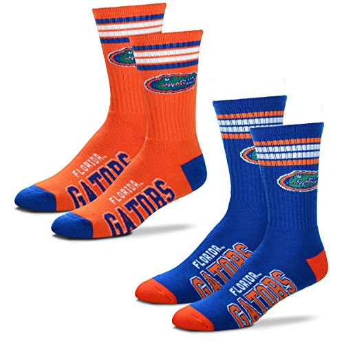 For Bare Feet Men s NCAA  2 Pack  4 Stripe Deuce Crew Socks  Florida Gators 2 Pack Blue   Orange  Medium  5 10