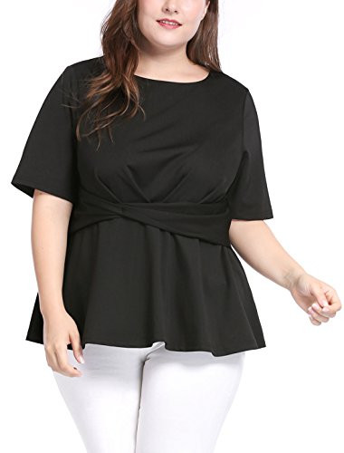 uxcell Women s Plus Size Short Sleeves Twisted Knot Front Peplum Top Black 4X